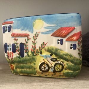 Hand Painted Ceramic Napkin Holder Flowers Bicycle Terra Cotta Cottage Spain